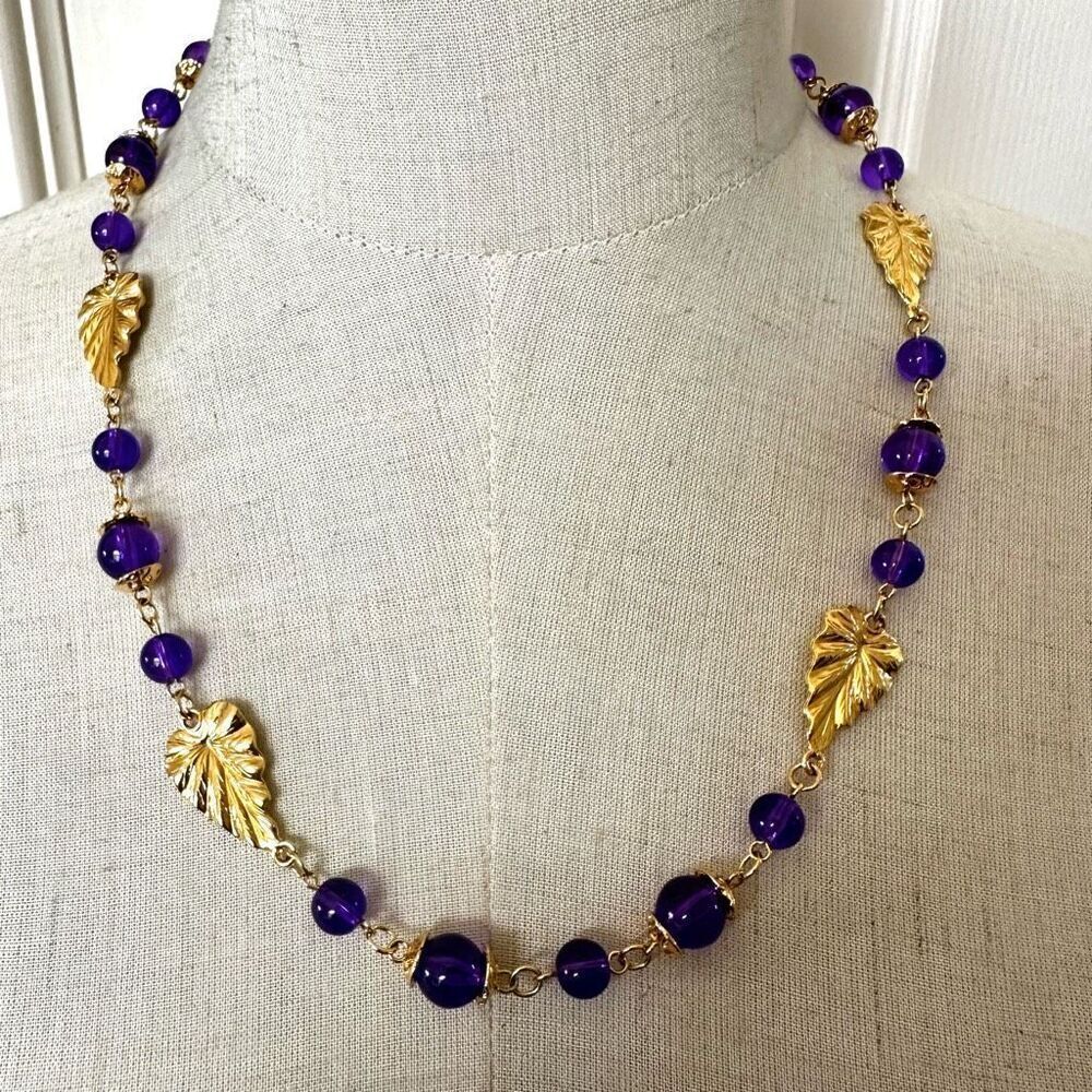 Trifari purple gold tone leaves long necklace